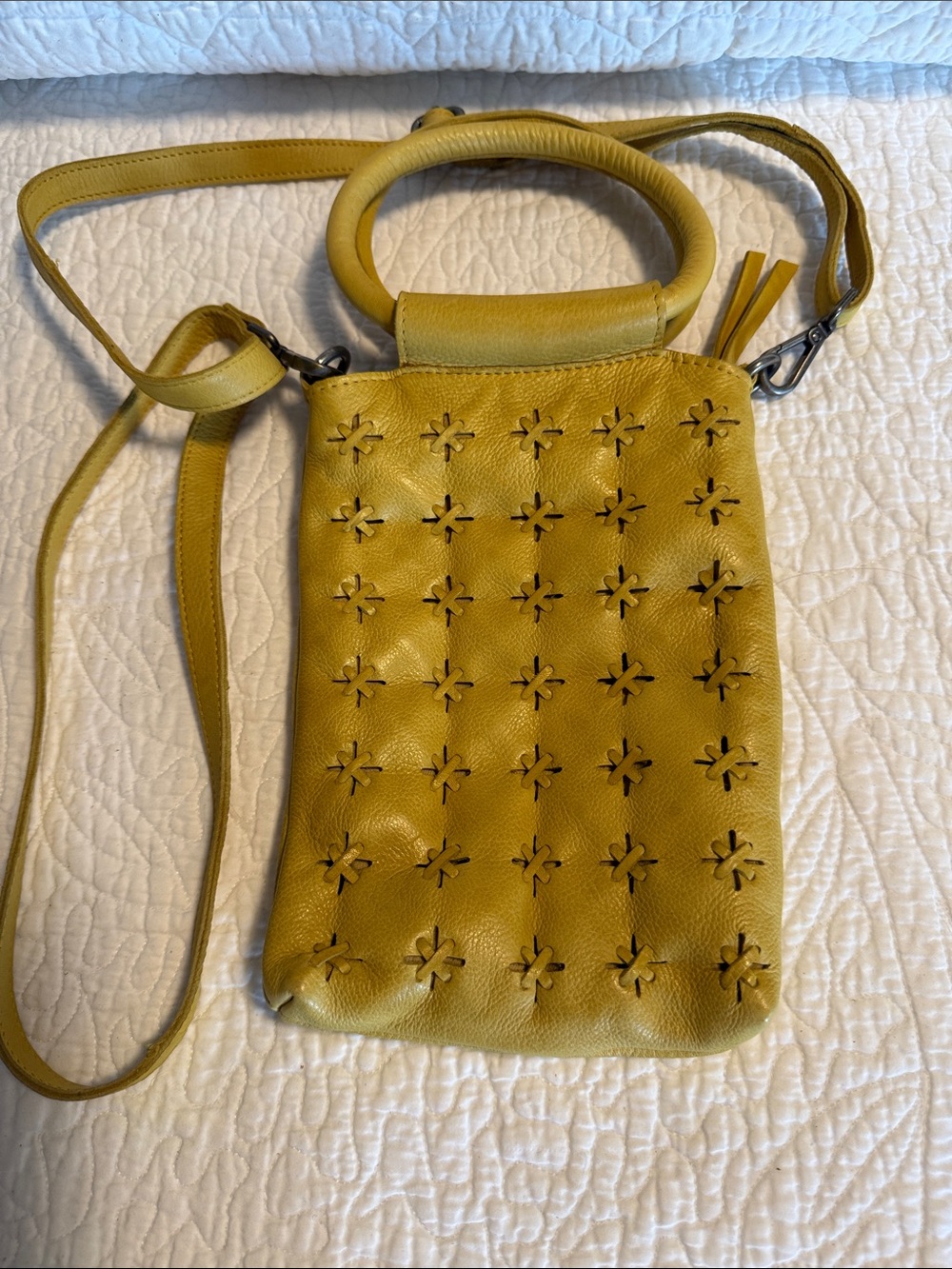 Yellow Leather Crossbody Phone Bag with Floral Cutouts
